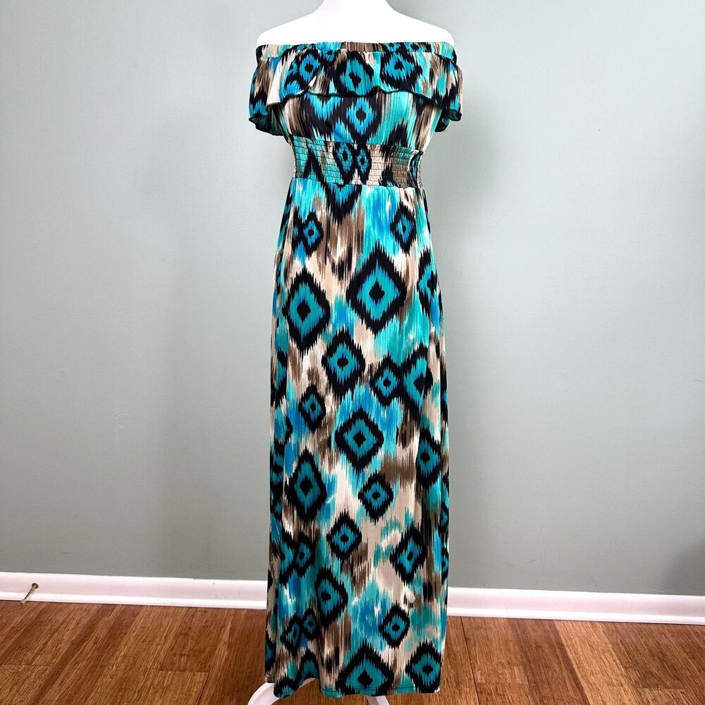 Poetry Maxi Dress Womens Medium Off the Shoulder Long Ikat Textured Party Summer